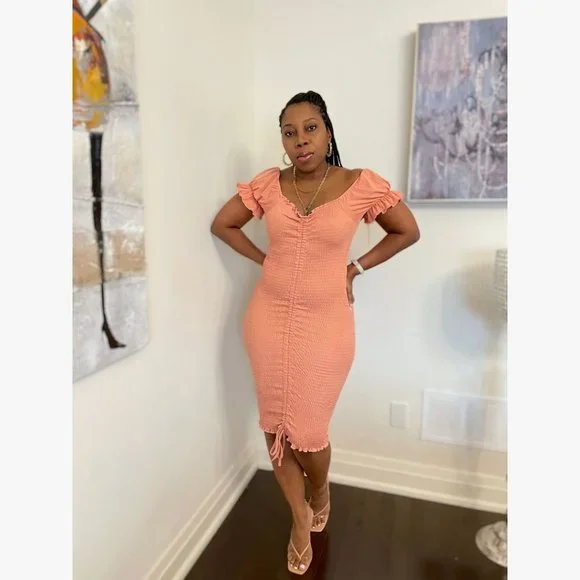 (NWT) Smocked Ruched Dress (Midi or Mini) - Salmon - Picture 2 of 7